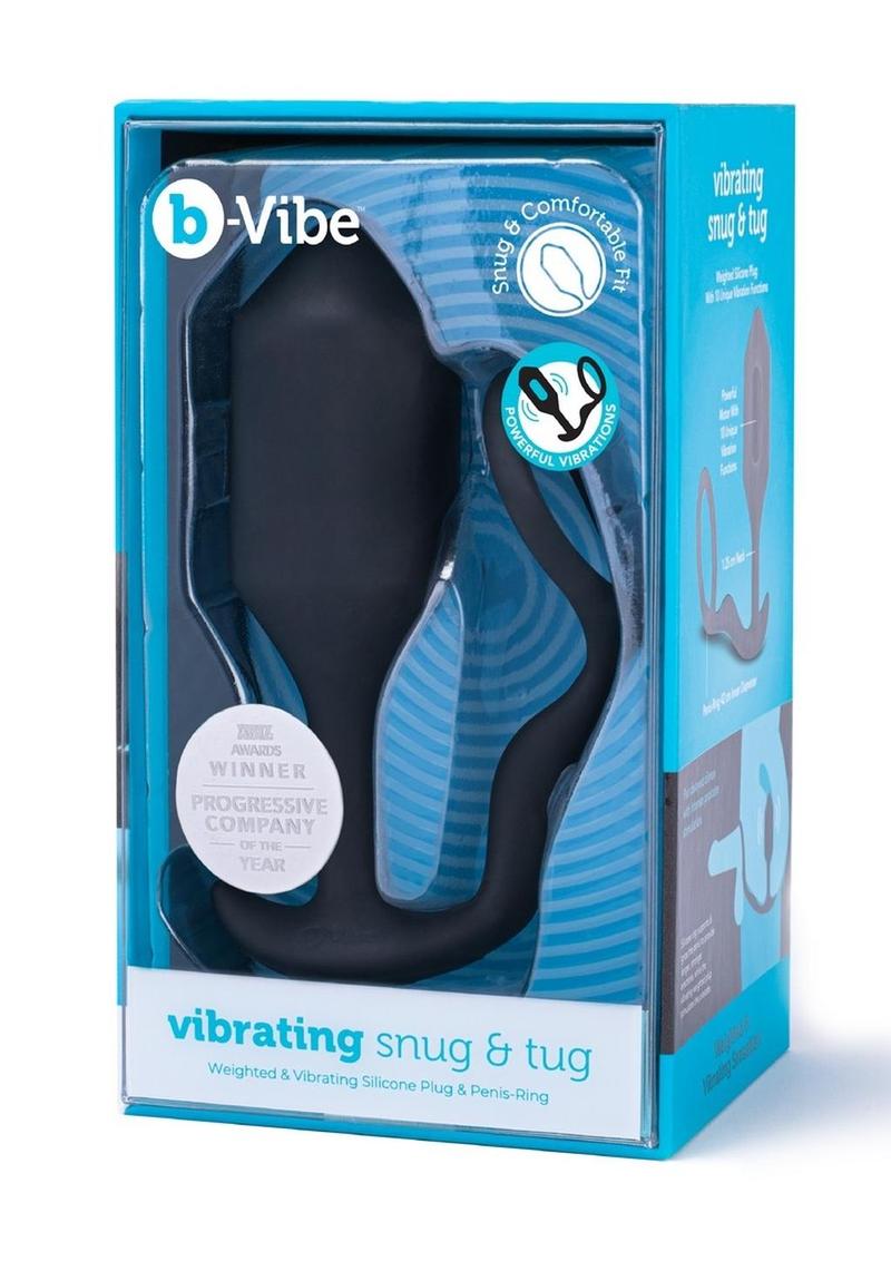 B-Vibe Vibrating Snug and Tug Rechargeable Silicone Cock Ring Andamp; Anal Plug - Black - XLarge