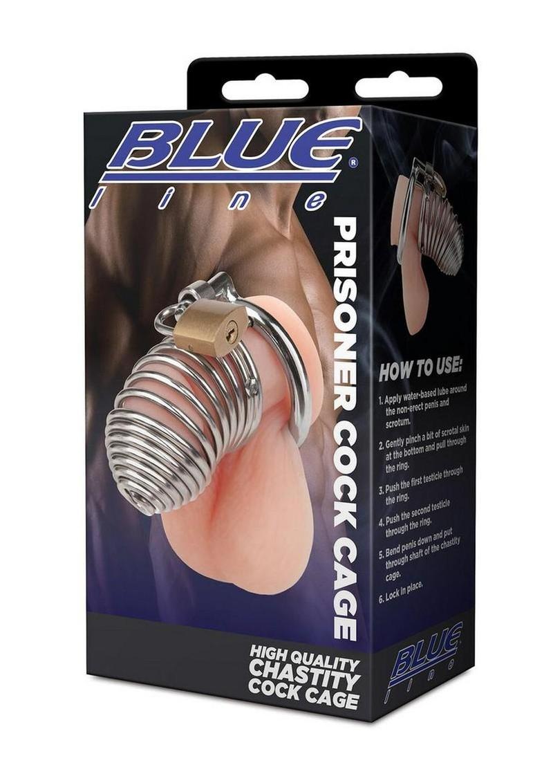 blueline prisoner cock cage iron chastity device with ventilated bars and secure padlock for bondage control