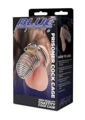 blueline prisoner cock cage iron chastity device with ventilated bars and secure padlock for bondage control