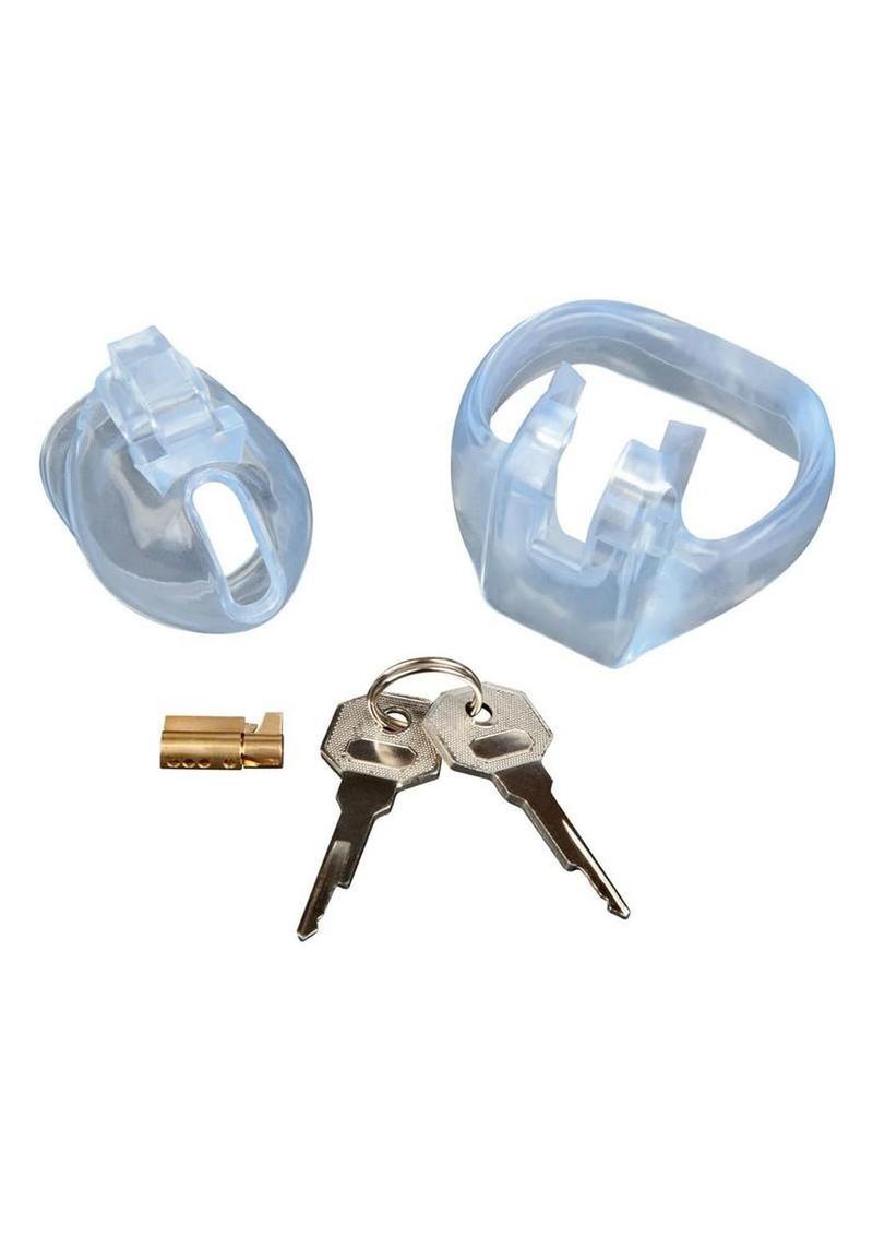transparent acrylic chastity cage with built in lock and key designed for total control and comfort