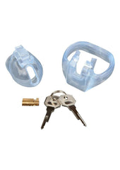 transparent acrylic chastity cage with built in lock and key designed for total control and comfort