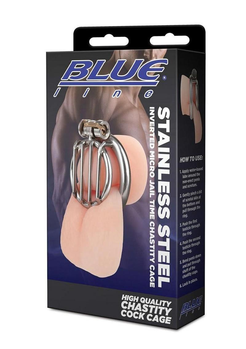 blueline stainless steel inverted micro chastity cage for strict male restraint and control play