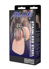 blueline stainless steel inverted micro chastity cage for strict male restraint and control play