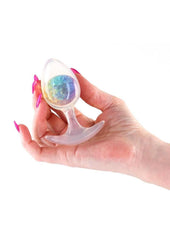Small to medium anal plug with liquid silicone body and luminous glass insert for sexy pleasure