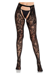 Female Sex Lingerie Eyelet Rose Lace Crotchless Tights with Cheeky Open Back