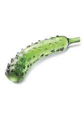 Handblown glass dildo shaped like a cucumber with textured bumps for enhanced stimulation