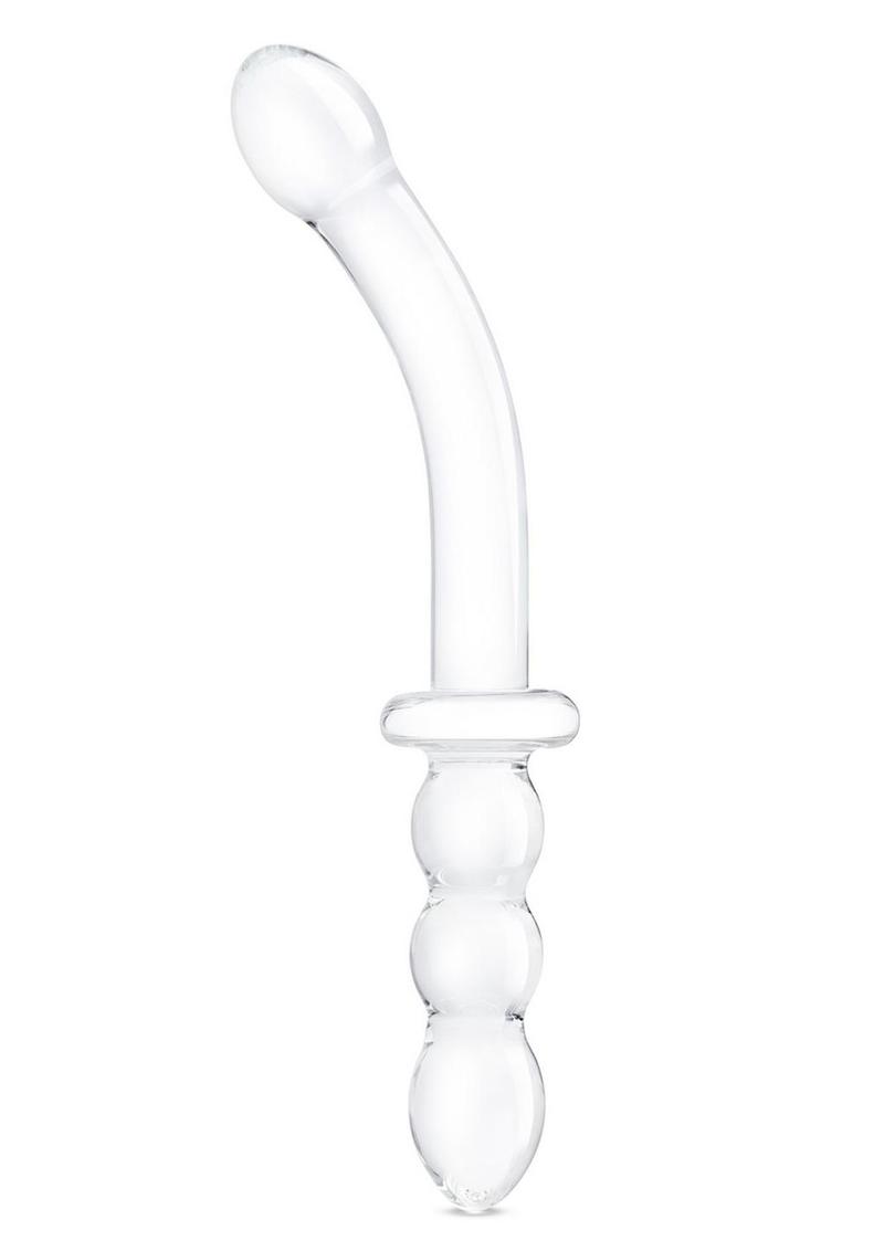 Glas Girthy Ribbed G-Spot Glass Dildo with Handle Grip Double End - Clear - 12in