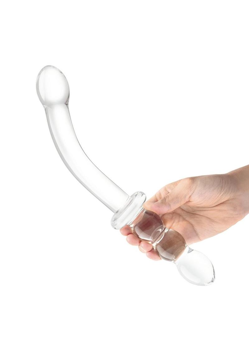Glas Girthy Ribbed G-Spot Glass Dildo with Handle Grip Double End