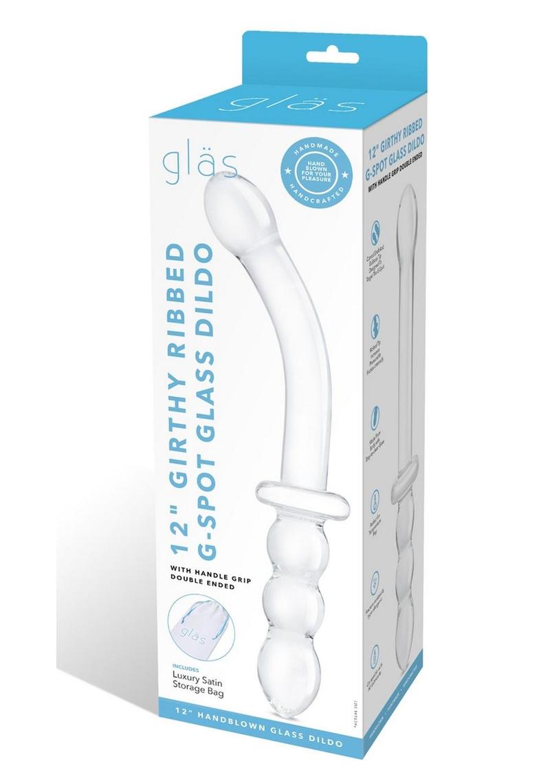 Glas Girthy Ribbed G-Spot Glass Dildo with Handle Grip Double End - Clear - 12in