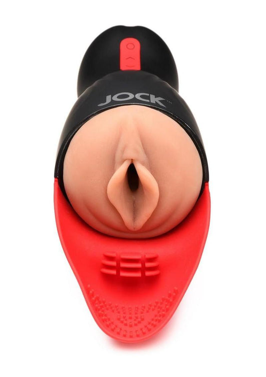 Jock Sucking and Vibrating Rechargeable Pussy Masturbator - Black/Vanilla