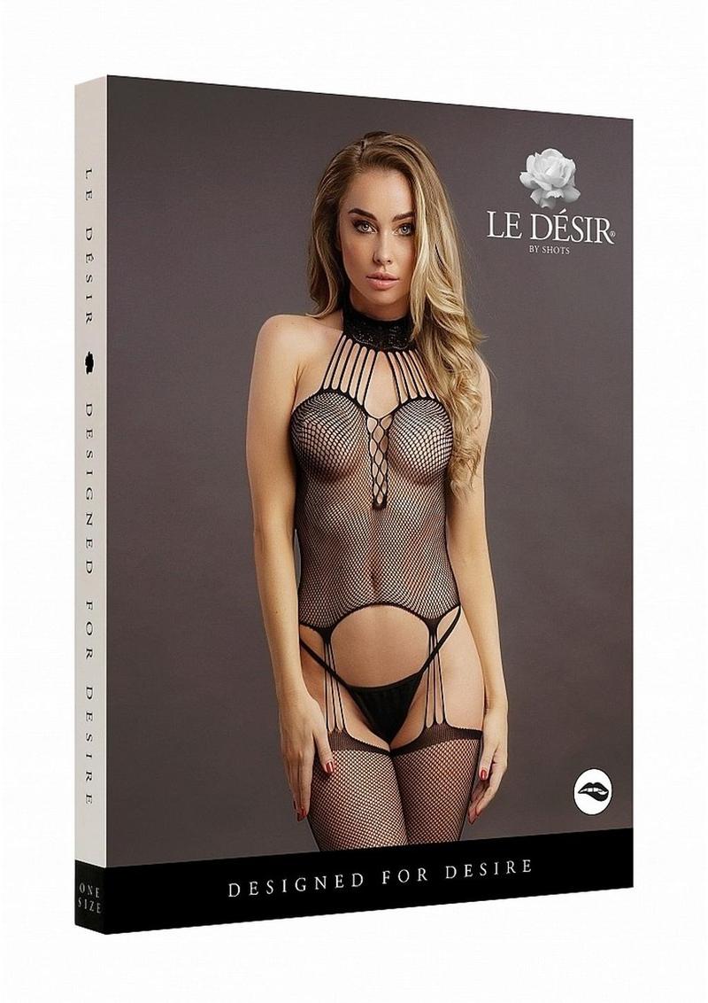 Seductive fishnet bodystocking with choker neckline and lace-up deep V design for bold intimate wear