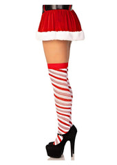 festive red and white thigh high socks designed to add sparkle to holiday outfits