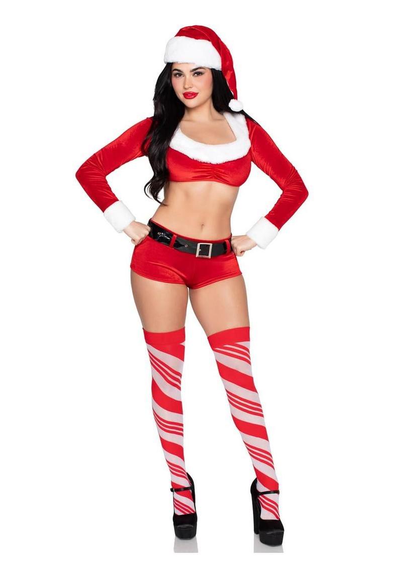 sexy santa outfit featuring velvet crop top and shorts ideal for couples holiday foreplay