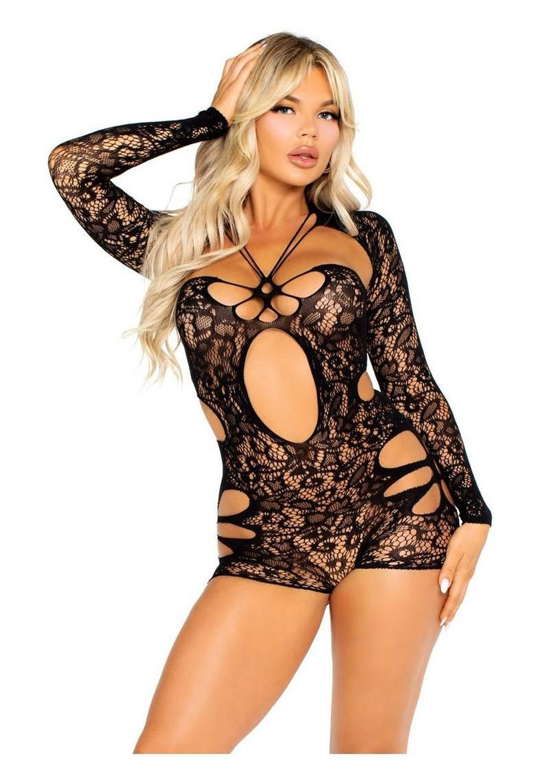 Leg Avenue Cut-Out Lace Romper with Attached Shrug - Black - One Size
