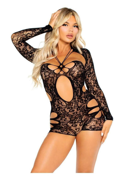 Leg Avenue Cut-Out Lace Romper with Attached Shrug - Black - One Size