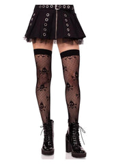 Leg Avenue Dotted Net Skull Thigh Highs - Black - One Size