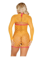 Female Fetish Wear Leg Avenue Eyelet Net Mini Dress with Tie-Front Keyhole Detail and Shrug