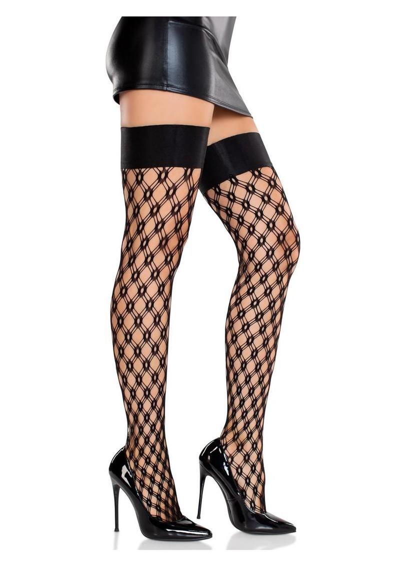 Leg Avenue Eyelet Net Thigh Highs with Satin Elastic Top - Black - One Size