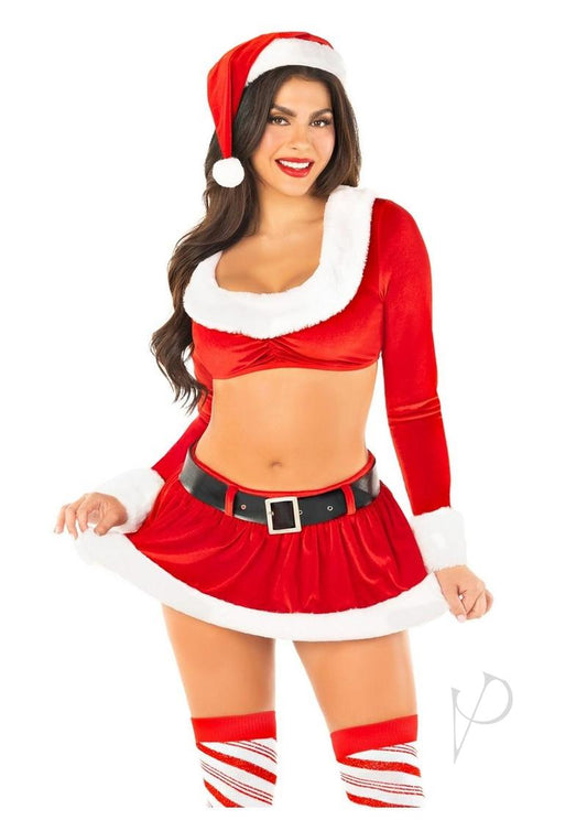Red velvet crop top and mini skirt trimmed in white faux fur for sexy Christmas outfit