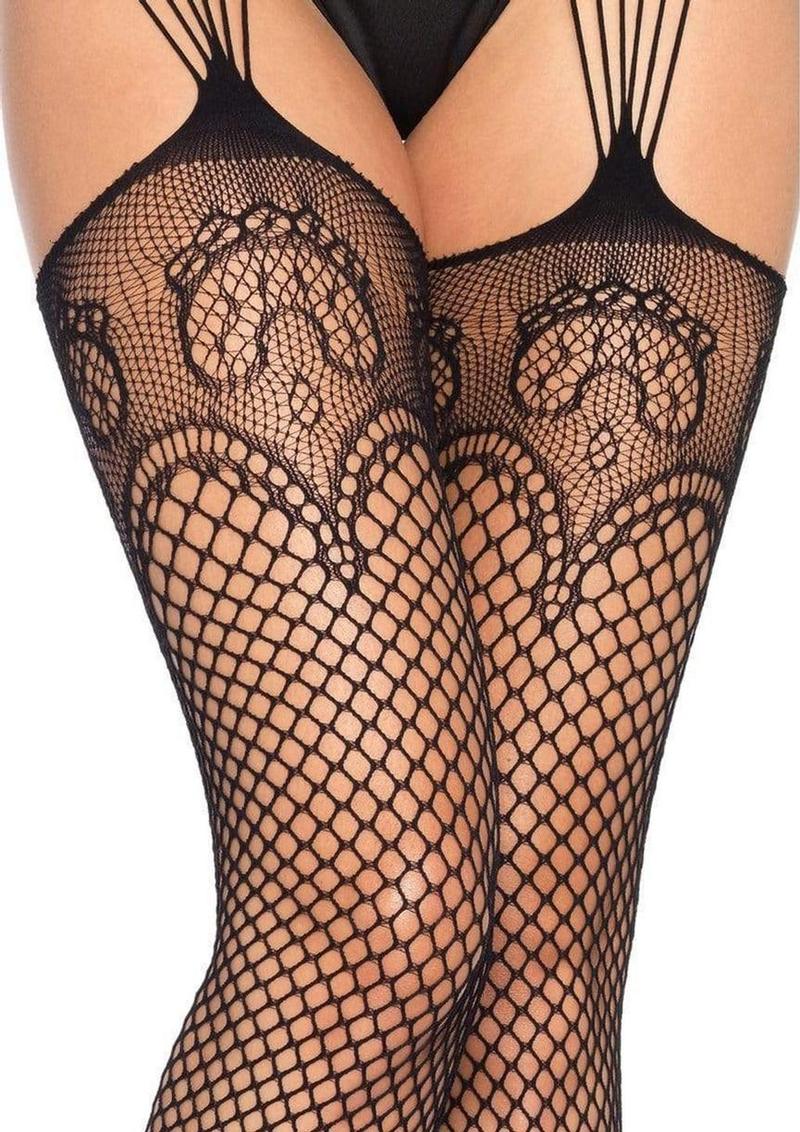 Leg Avenue Industrual Net Stocking with Dutchess Lace Top and Attached Multi-Strand Garter Belt - Black - One Size