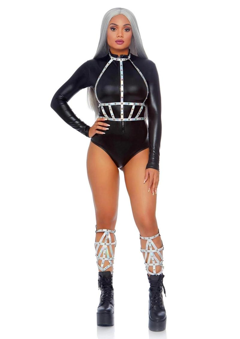 Shiny holographic vinyl harness sexy adult costume