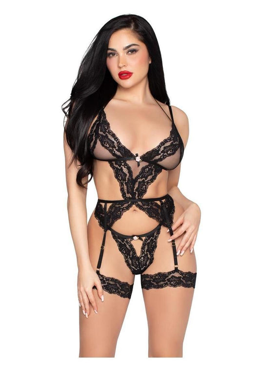 Leg Avenue Lace and Sheer Cami Garter with Rosette Accent and Matching G-String Panty - Black - Large - 2 Piece