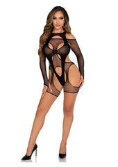 Ladies Lingerie Leg Avenue Off-The-Shoulder Fishnet Garter Harness and Layered Opaque Cut-Out Teddy