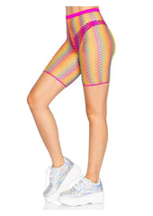 Multicolored fishnet shorts with pink trim on a white background