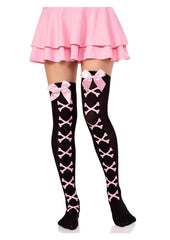 Fetish Wear Leg Avenue Opaque Cross Bone Thigh Highs with Satin Bow Accent