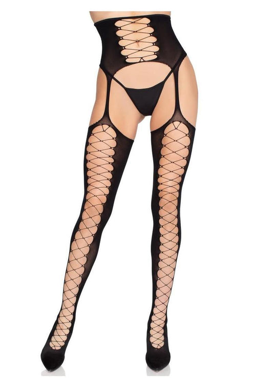 Leg Avenue Opaque Faux Lace-Up Stockings with Attached Waist Cincher Garter Belt - Black - One Size