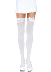 Leg Avenue Opaque Thigh Highs with Satin Bow Accent - Red/White - One Size