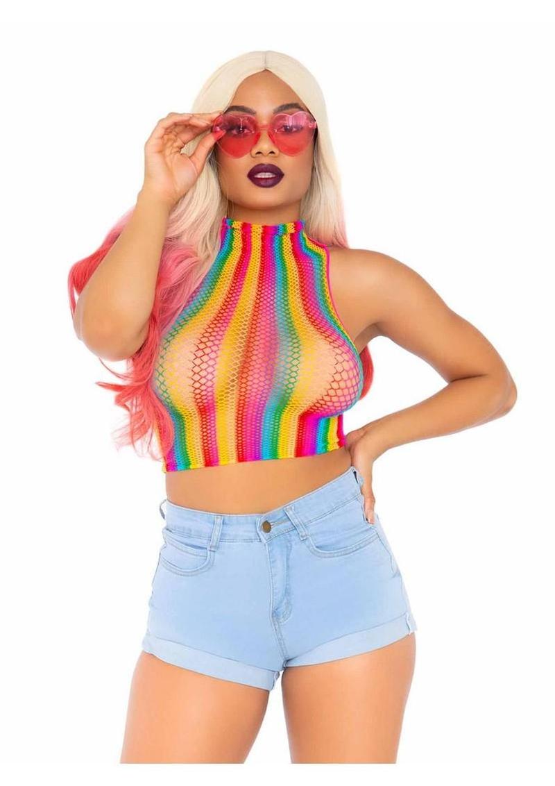Leg Avenue Rainbow Net High Neck Crop Top - One Size Gay Pride Fetish Wear