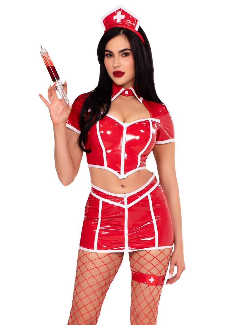Four piece fantasy nurse costume with garter and headband perfect for intimate cosplay fetish scenes