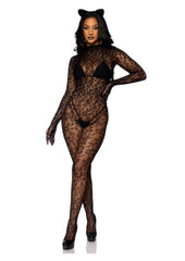 Leopard print catsuit with gloves adult outfit
