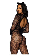 Seamless leopard net gloved catsuit lingerie
