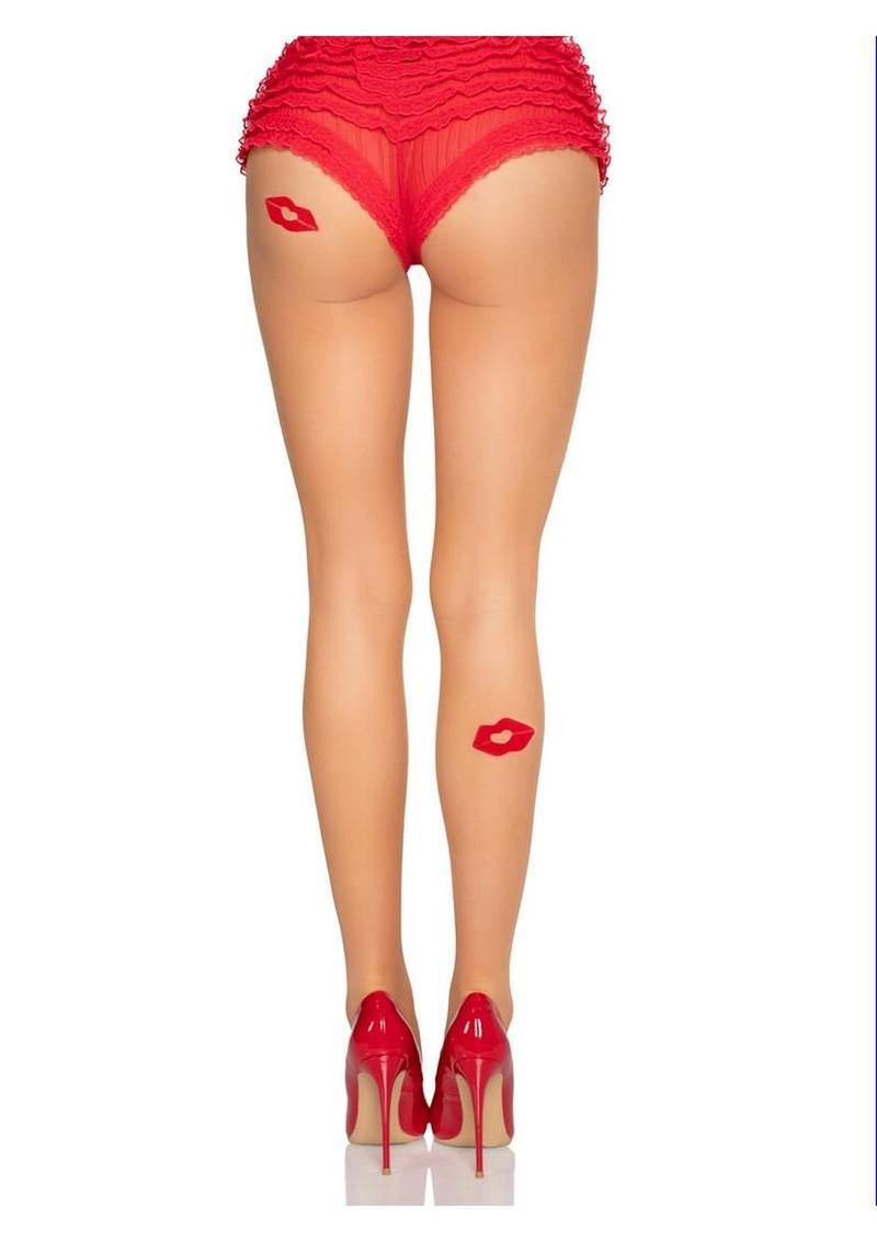 soft stretchy sheer stockings with red lips embroidery for fun sexy statement- One Size