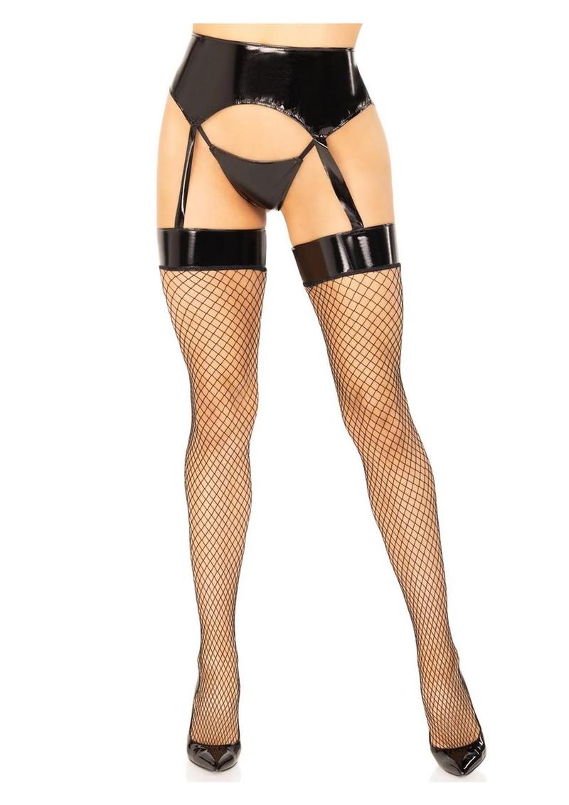 Leg Avenue Vinyl Garter Belt with Attached Fishnet Stockings and Matching G-String Panties - Black - Medium/Small - 2 Piece