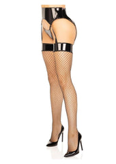 Leg Avenue Vinyl Garter Belt with Attached Fishnet Stockings and Matching G-String Panties - Black - Medium/Small - 2 Piece
