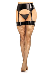 Leg Avenue Vinyl Garter Belt with Attached Fishnet Stockings and Matching G-String Panties