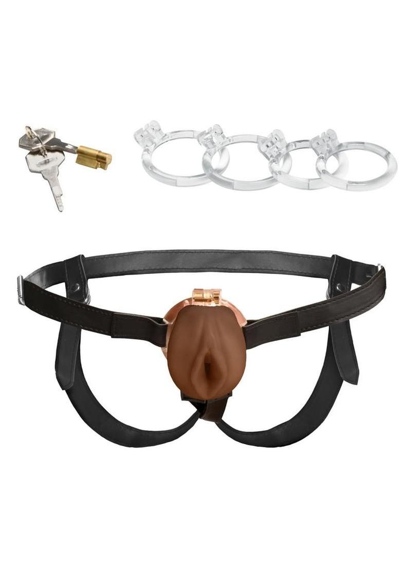 body safe tpe pussy style chastity cage with multi size rings and vegan leather harness for secure restraint and fetish control