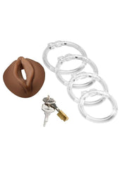 adjustable pussy style chastity cage made from body safe tpe with open back harness and lock for secure domination play