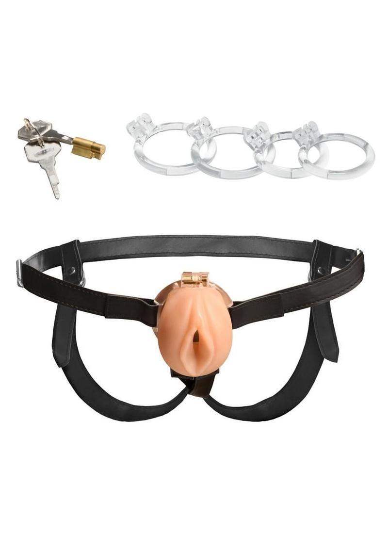 soft tpe pussy chastity cage with adjustable harness and multiple ring sizes for comfortable long term restraint and control