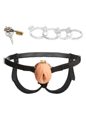 soft tpe pussy chastity cage with adjustable harness and multiple ring sizes for comfortable long term restraint and control