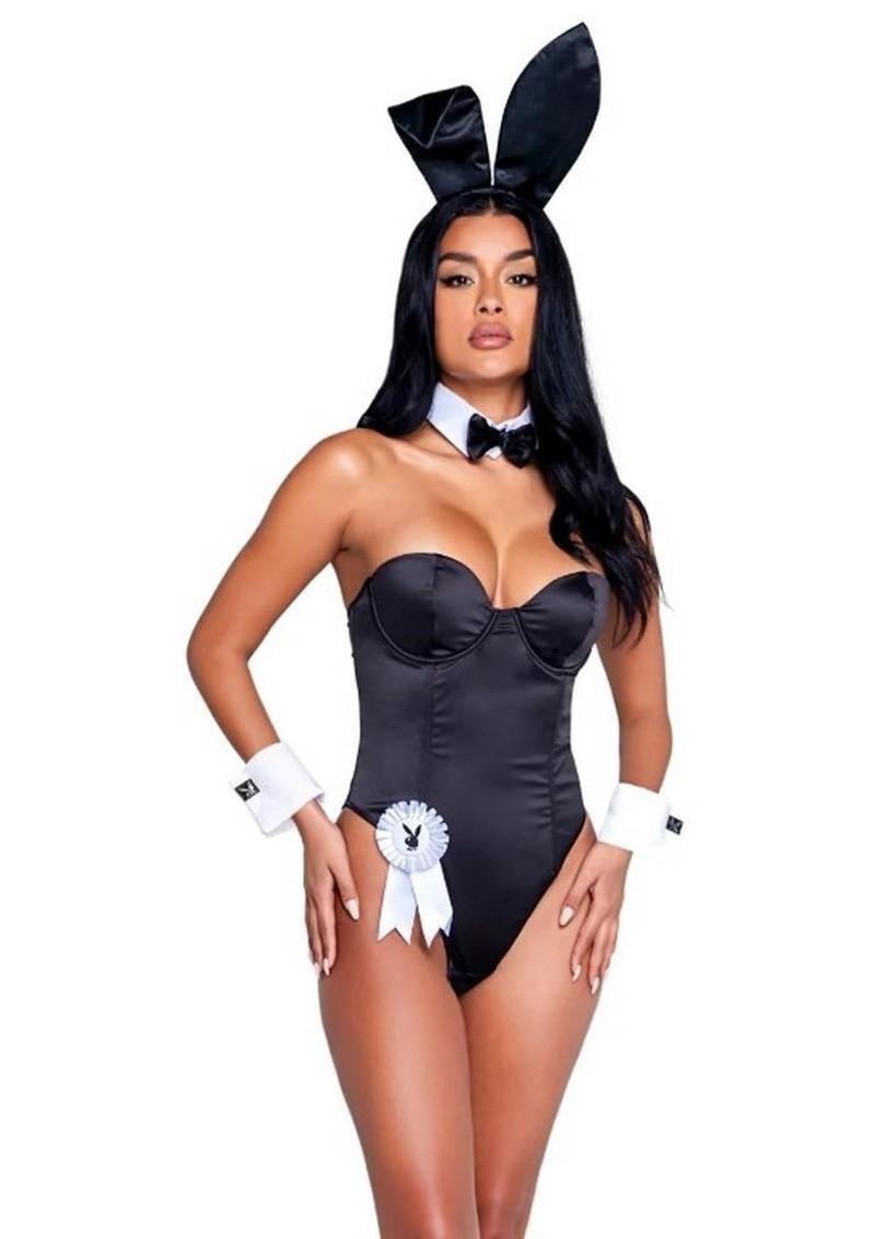 Flirty bunny costume with lace-up back closure styled for sexy costumes and fetish parties