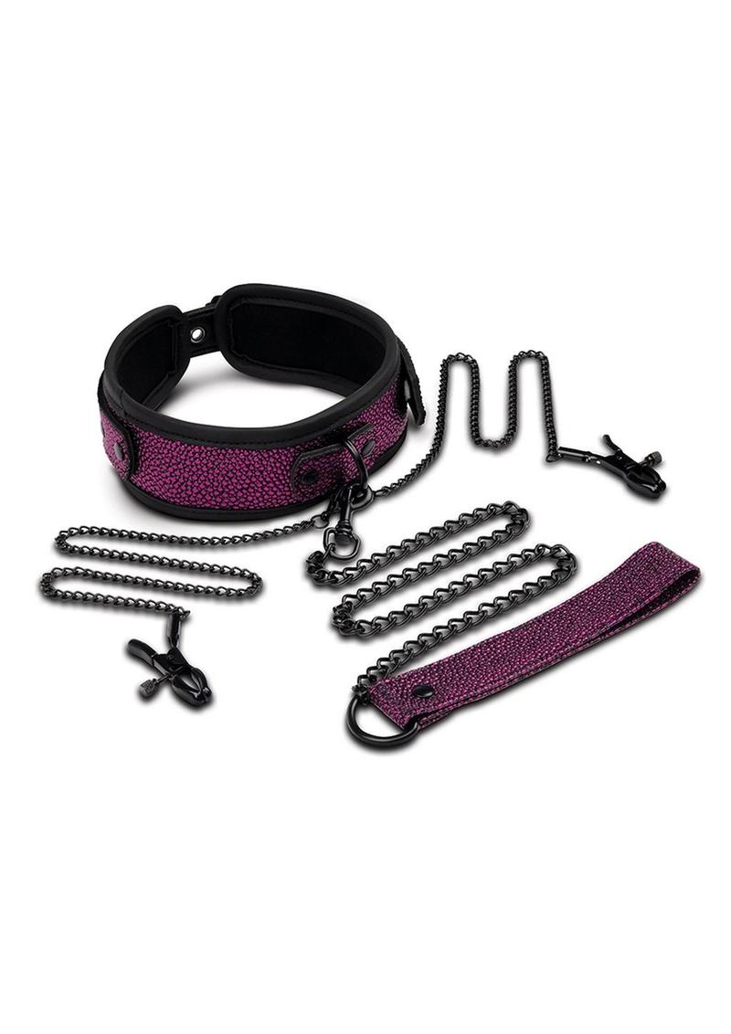 WhipSmart Dragon's Lair Collar, Leash and Nipple Clips - Black/Purple - Set