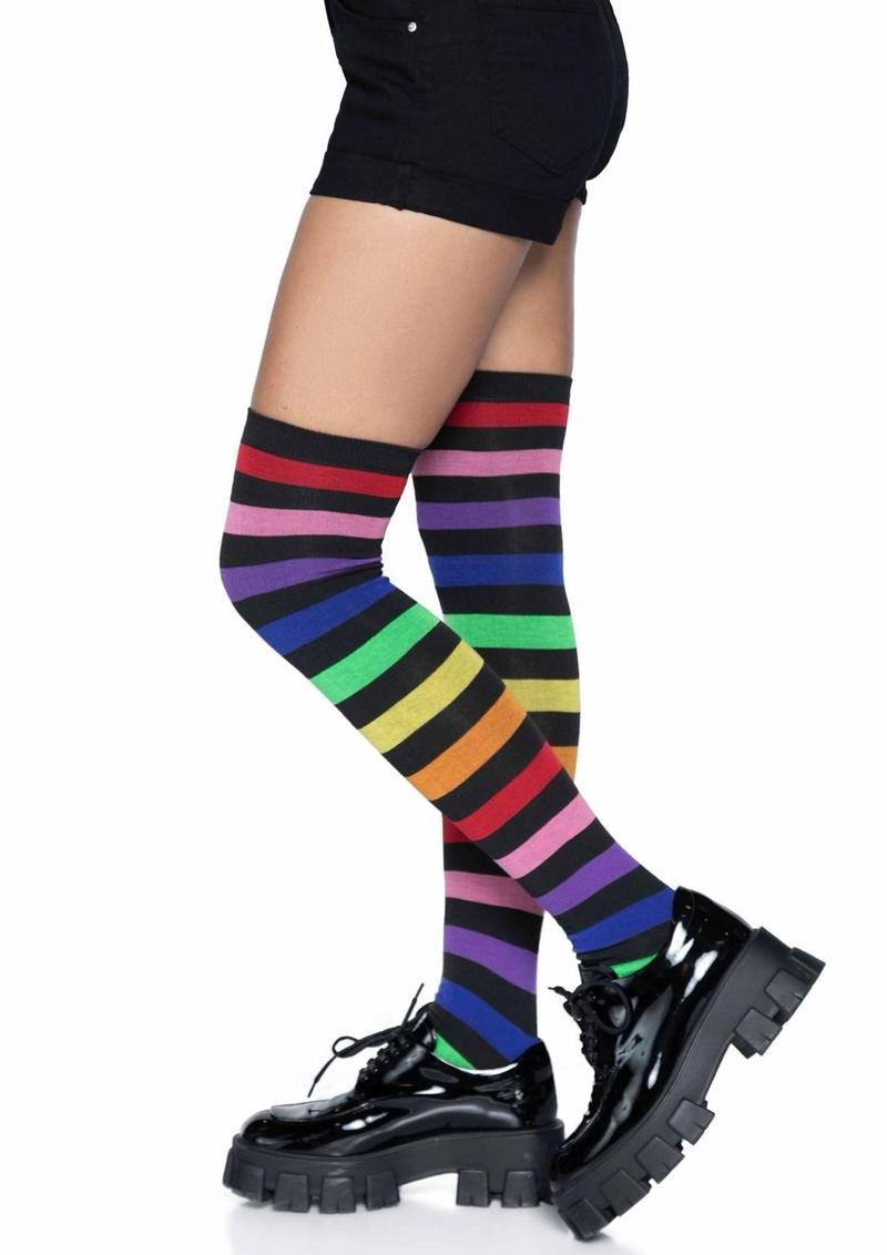 Acrylic Rainbow Stripe Thigh High Socks