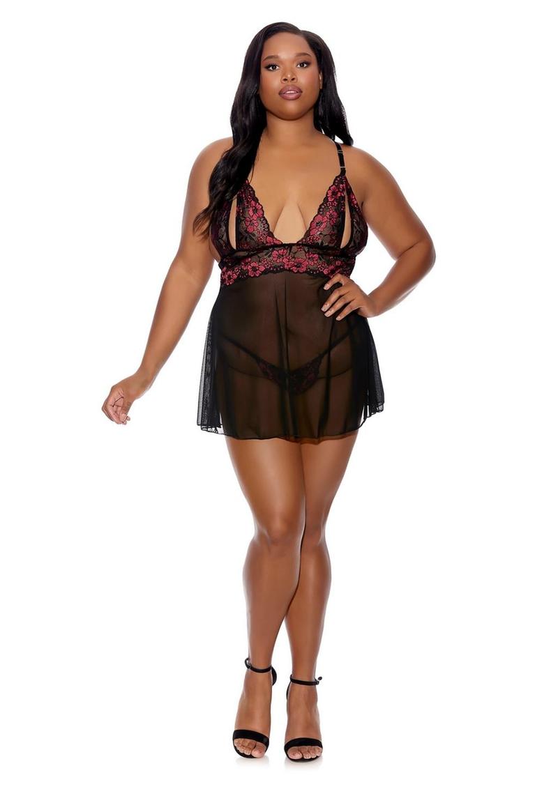 Barely Bare Split Cup Babydoll and G-String Panty - Black - Plus Size/Queen