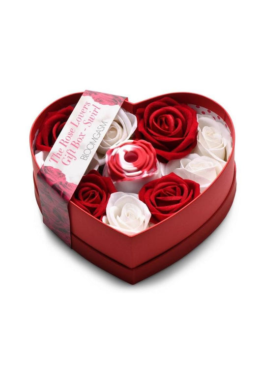 luxurious red and white swirl rose toy in gift box designed for clitoral stimulation and sensual gifting