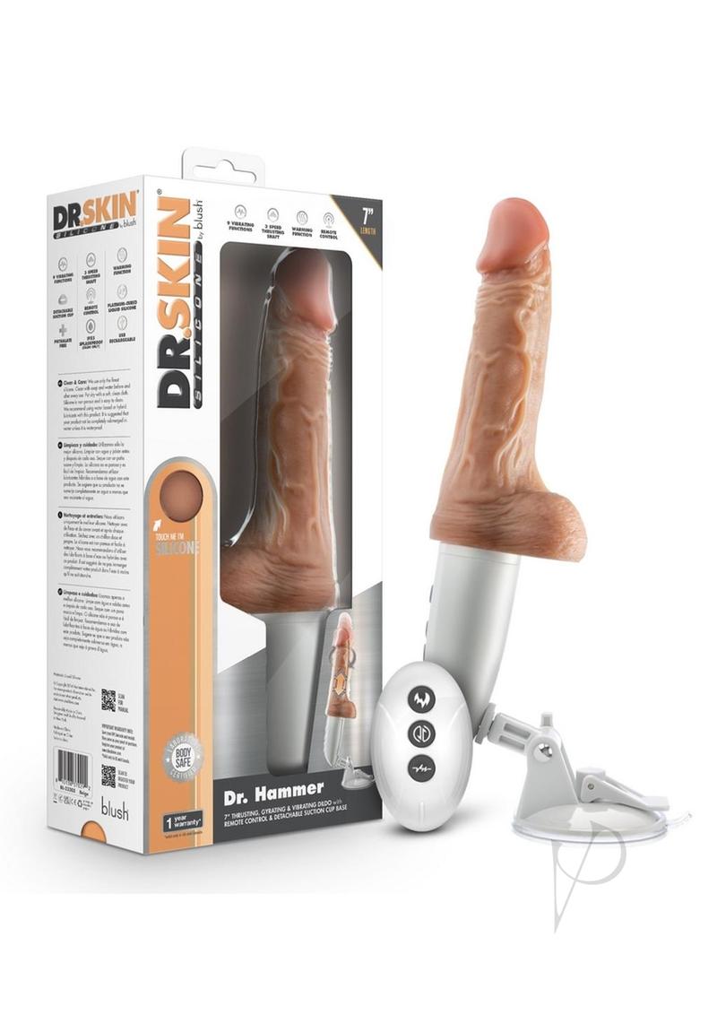 Dr. Skin Platinum Collection Silicone Dr. Hammer Rechargeable Thrusting Dildo with Handle and Remote Control - Vanilla - 7in