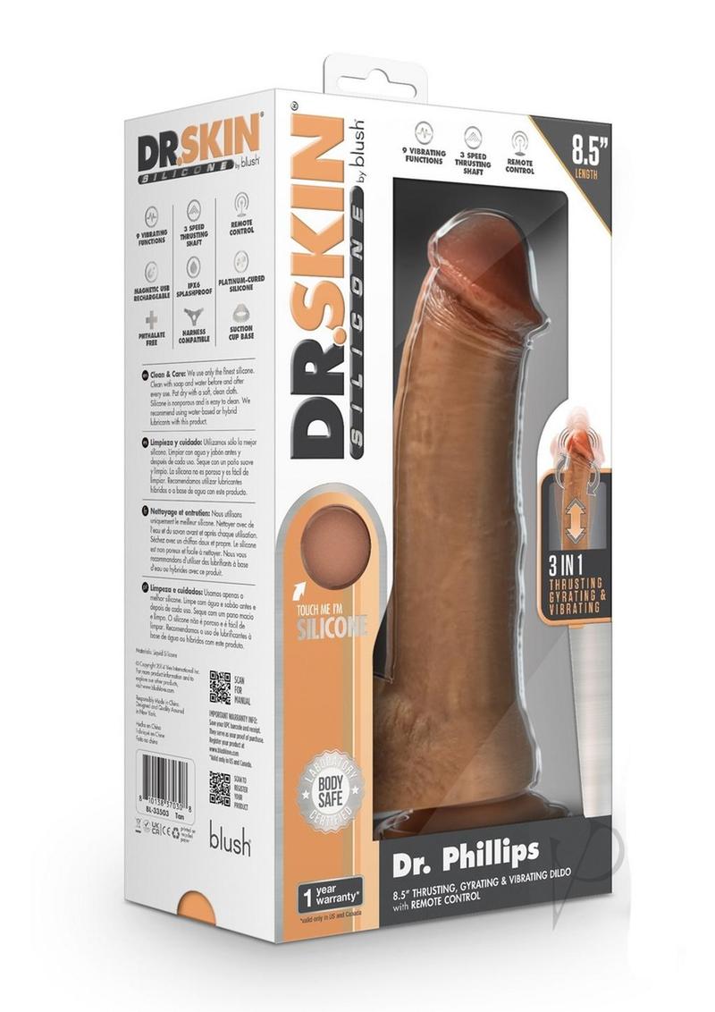 Dr. Skin Platinum Collection Silicone Dr. Phillips Rechargeable Thrusting Dildo with Remote Control - Caramel - 8.5in
